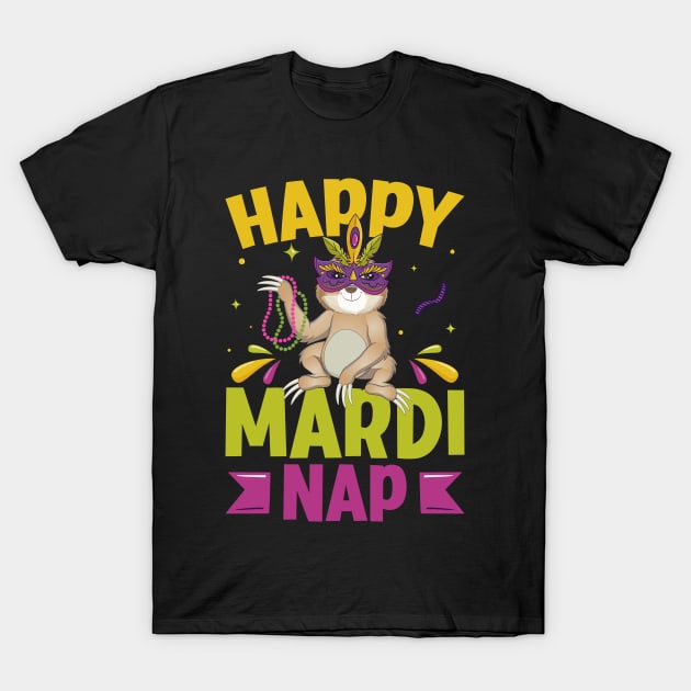 Happy Mardi Nap Lazy Sloth Wearing Carnival Mask Mardi Gras T-Shirt by Pizzan